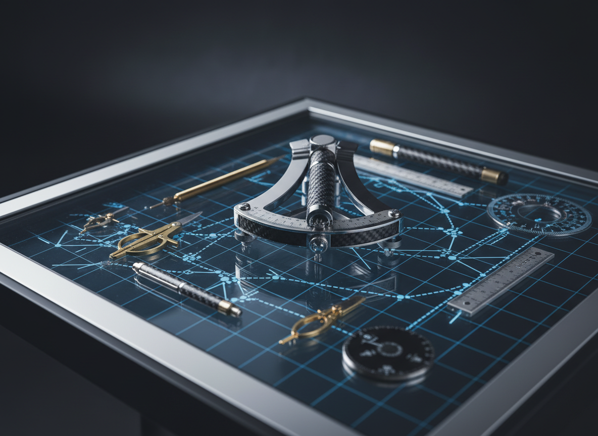 A highly detailed, modern nautical chart table with a single, sophisticated metal-and-carbon-fiber sextant placed precisely at the center, surrounded by neatly arranged navigation tools and a glowing digital grid beneath the glass surface. The chart shows abstract lines, bearings, and waypoints, not real coastlines, symbolizing strategic paths. Cool, focused overhead lighting creates crisp highlights on the sextant’s polished edges and subtle reflections in the glass, while the background falls into a soft, dark blur. Shot from a slightly elevated, three-quarter angle with strong depth and leading lines drawing the eye toward the sextant, the image feels meticulous, forward-looking, and composed. Photographic realism and a restrained color palette of steel, ink black, and deep ocean blues reinforce clarity, control, and professional business navigation.