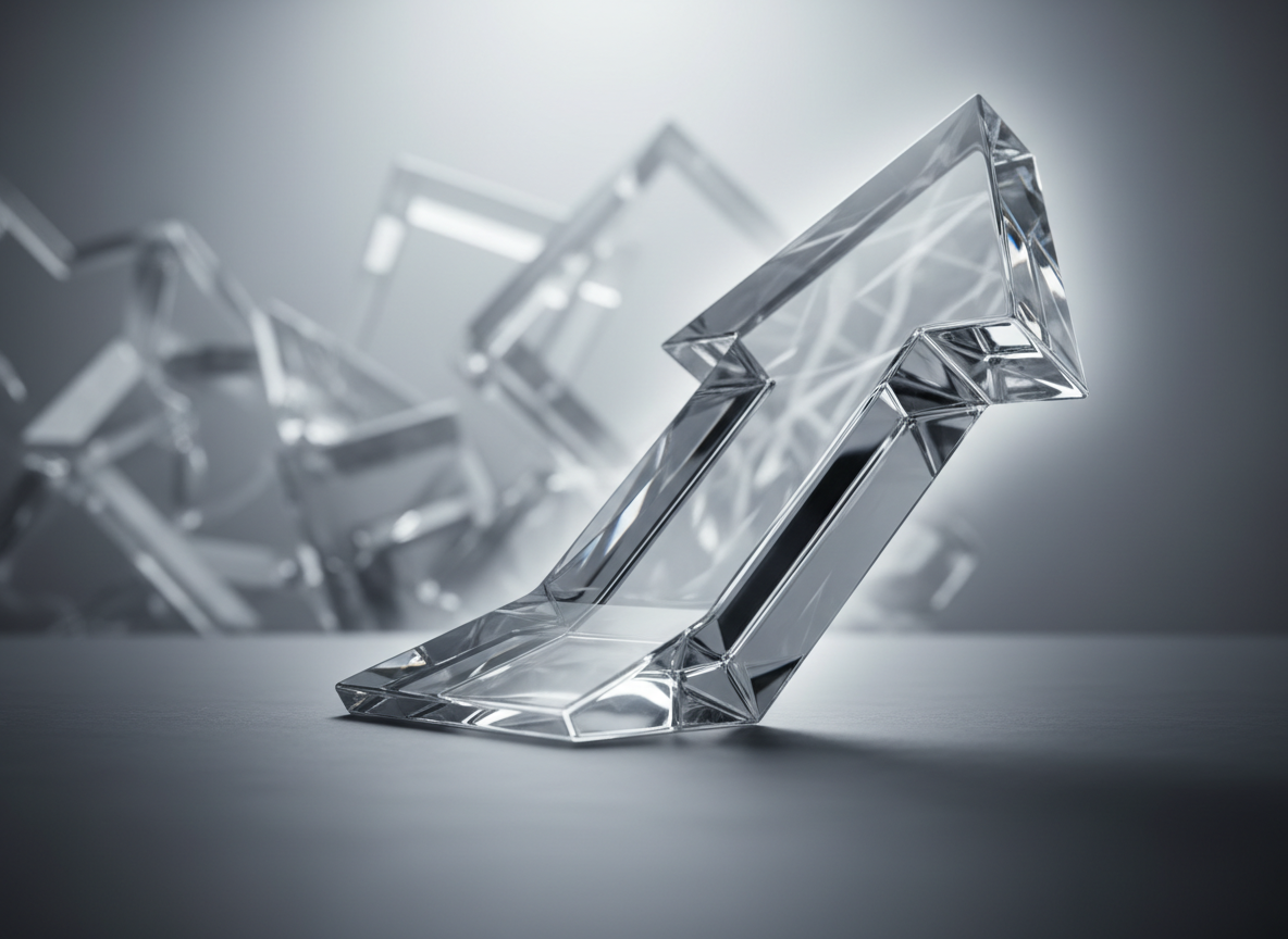 A large, precision-cut, transparent-glass arrow emerging from a misty, out-of-focus background of tangled, semi-opaque shapes that suggest complexity and noise. The arrow is carved with sharp, clean facets that catch and organize the surrounding soft white light into distinct, bright edges, symbolizing clarity and focus. It points upward and slightly to the right across a smooth, slate-grey surface. Studio lighting from behind and above creates a subtle halo around its outline and crisp reflections beneath, while the background remains tastefully blurred. Shot at a low angle with the arrow dominating the foreground, the composition feels aspirational yet grounded. Photographic realism, a restrained monochrome palette, and a modern, minimal aesthetic communicate confident direction and strategic business progression.