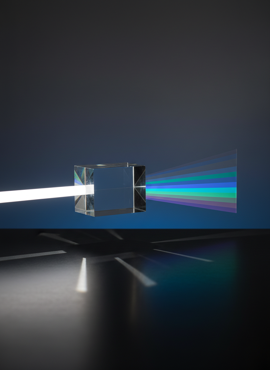 An elegantly crafted crystal-clear prism, suspended just above a dark, matte surface, splitting a single focused beam of light into a sharp, organized spectrum of cool-toned colors. The background is a deep, soft-focus gradient of charcoal to midnight blue, suggesting uncertainty fading into clarity. Subtle reflections and refractions dance across the surface beneath, forming neat, converging lines that imply pathways and decisions. Illuminated by controlled studio lighting from one side, the prism casts precise, geometric shadows. Captured at eye level with a centered composition and shallow depth of field, the image feels precise, analytical, and confident. The photographic realism and minimalist styling communicate business navigation, transformation of complexity into clear direction, and confident decision-making.