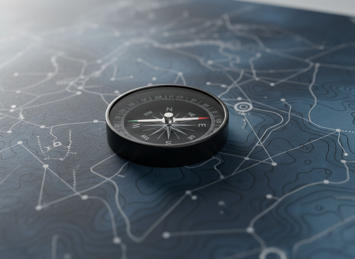 A sleek, matte-black compass with finely engraved silver markings and a precision needle pointing steadily north, resting on a large, detailed topographic business-style map rendered in muted blues and greys. The map shows abstract routes and intersections rather than geographic locations, symbolizing strategic choices. Soft, diffused daylight falls from the upper left, creating gentle highlights on the metallic edges and subtle shadows in the map’s folds. Shot from a slightly elevated angle with shallow depth of field, the compass is in crisp focus while the map fades into a soft blur. The mood is calm, assured, and professional, with photographic realism and a clean, modern aesthetic emphasizing clarity and direction without any clichéd business imagery.