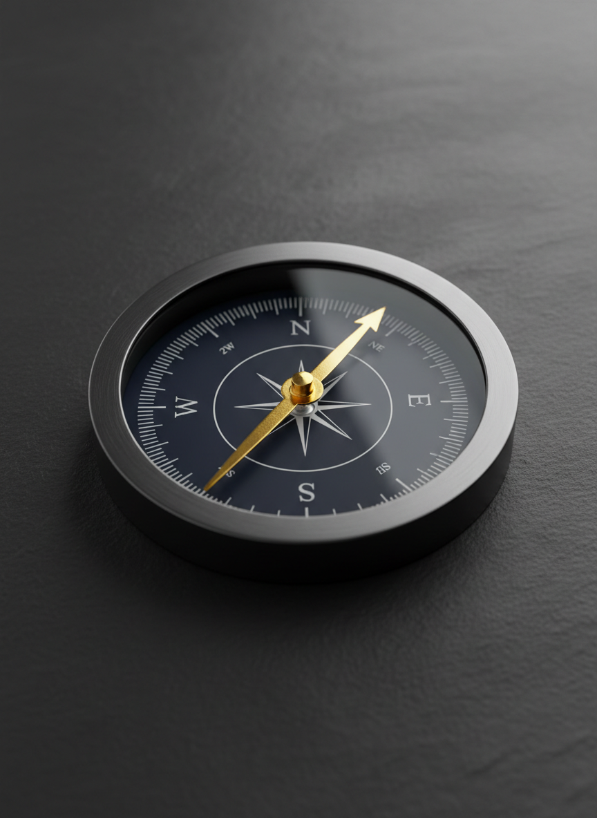 A sleek, precision compass or navigational instrument shot from above on a dark matte surface, with clean geometric lines and a gold needle pointing with conviction. Deep navy and charcoal tones with gold accents. Studio lighting, minimal and confident composition, shallow depth of field. Photorealistic, no maritime clichés — no ships, anchors, or wheels. Feels like strategic clarity and forward direction.