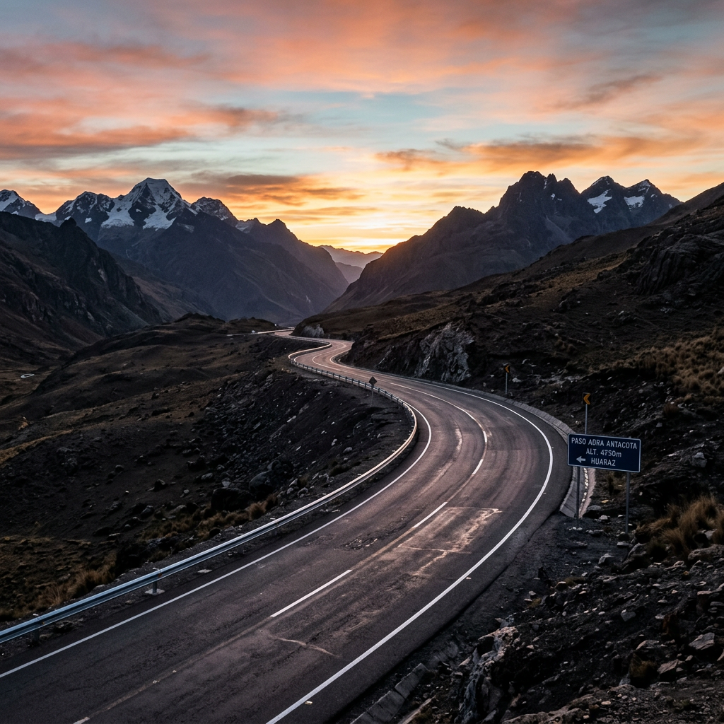 Winding paved road through mountainous terrain at sunset with snowy peaks